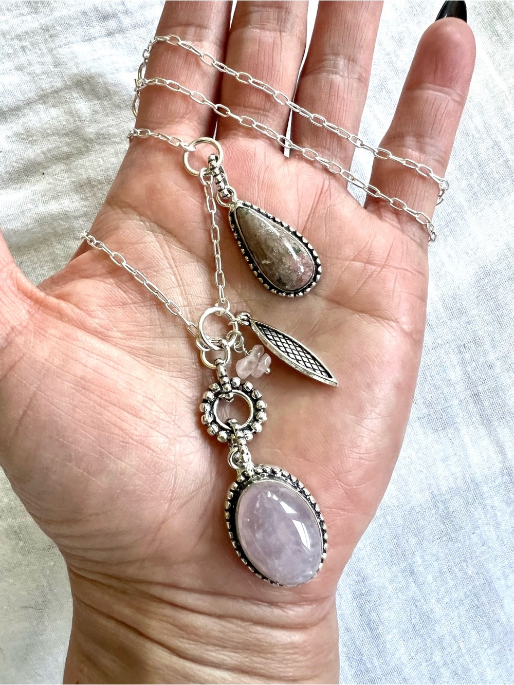 925 WOW! LOVE BOMB! Rose Quartz + Rhodonite Charm Necklace Pendant